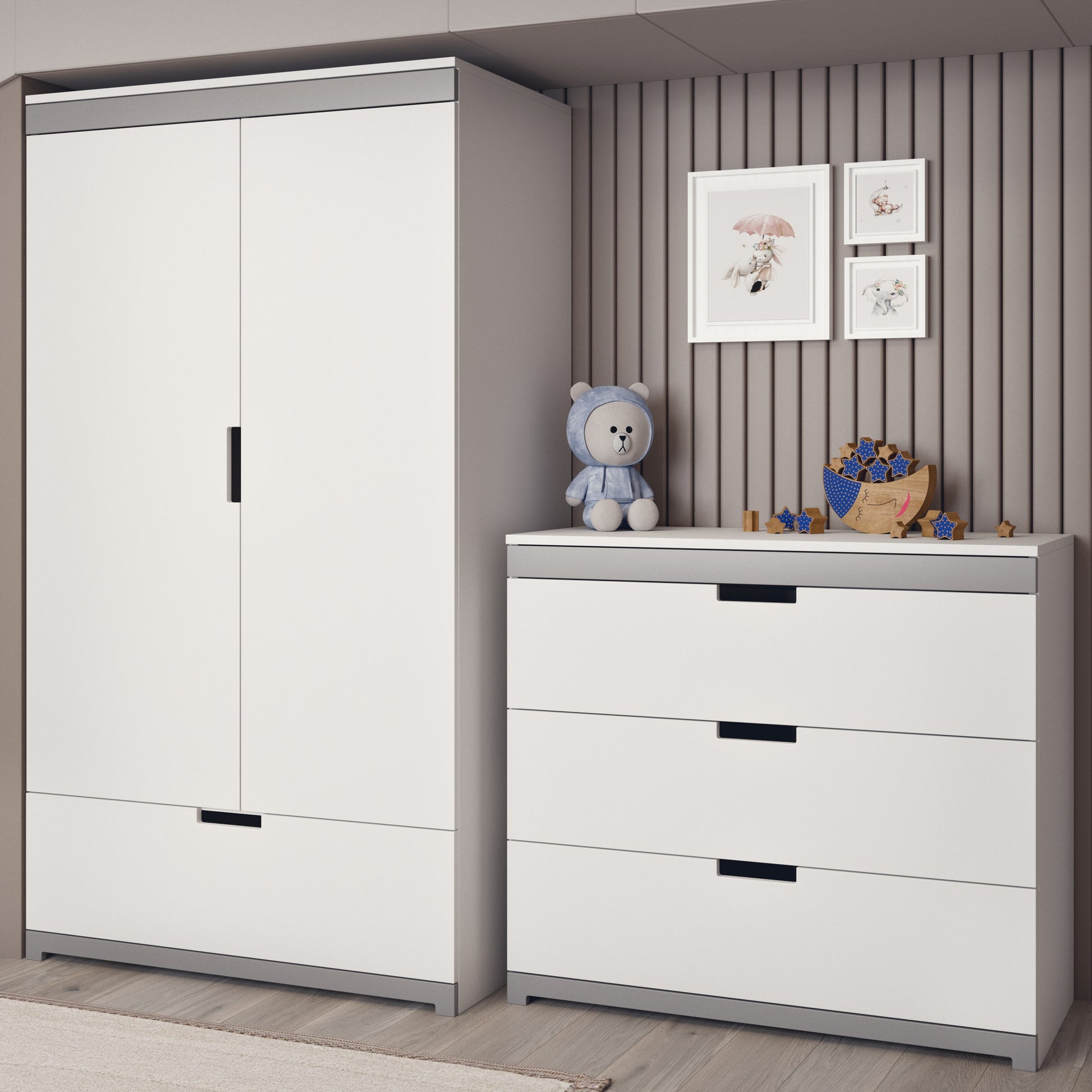softly lit tomi childrens wardrobe with a comforting white and grey finish