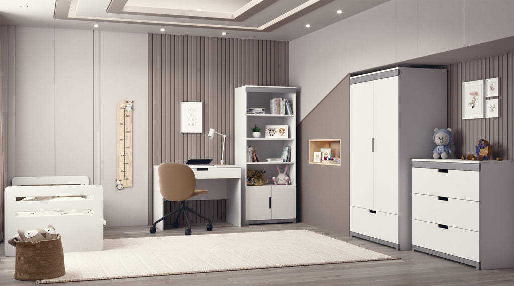 stylish tomi kids wardrobe with soft-close drawer and grey accent, shown in a bright nursery setting