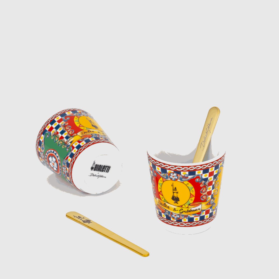 Sicilian Cart Moka 2 Cup Gift Set with Espresso Cups and Gold Stirrers
