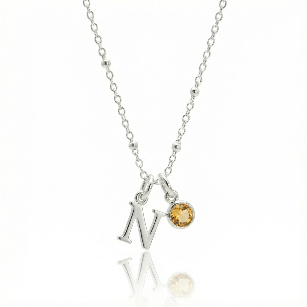 Personalised November Birthstone and Initial Necklace in Sterling Silver