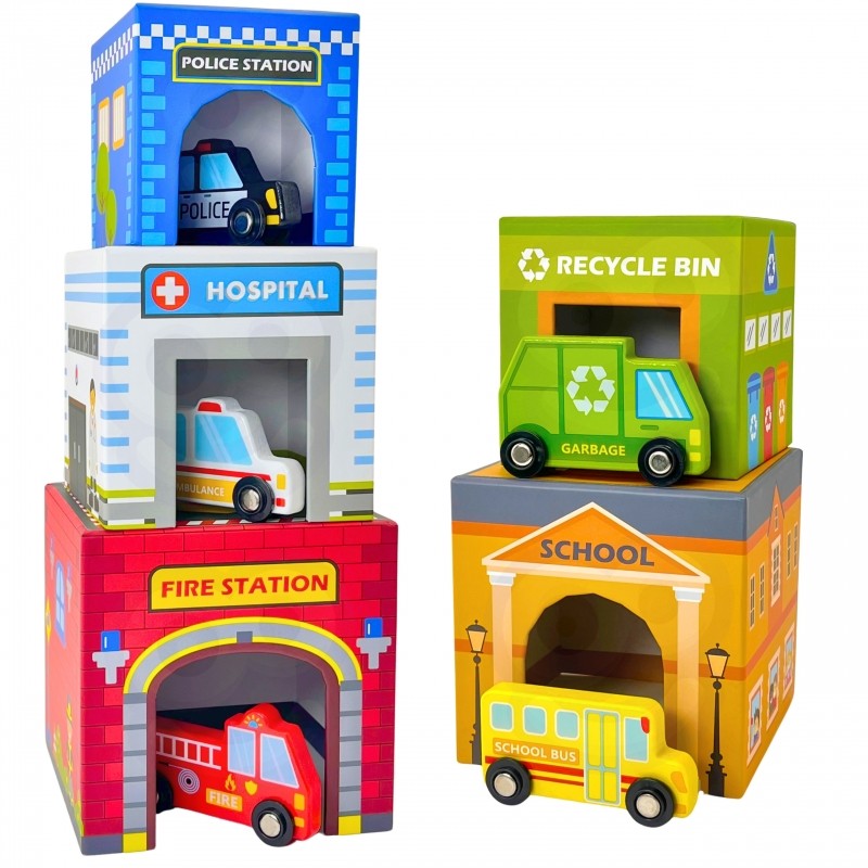 a playful stack of city vehicle puzzle cubes with a bright red firetruck peeking out