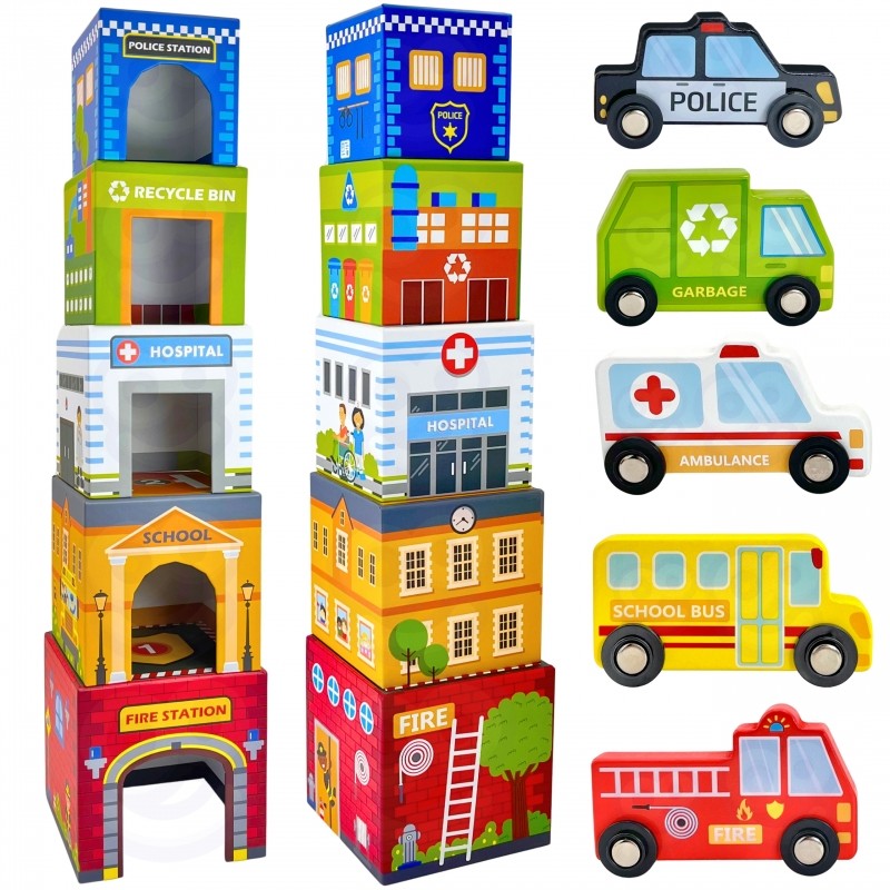 a child's hand stacking city vehicles puzzle cubes in a sunlit playroom