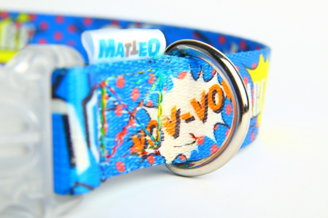 playful blue graffiti led dog collar glowing on a happy pup in a sunlit park