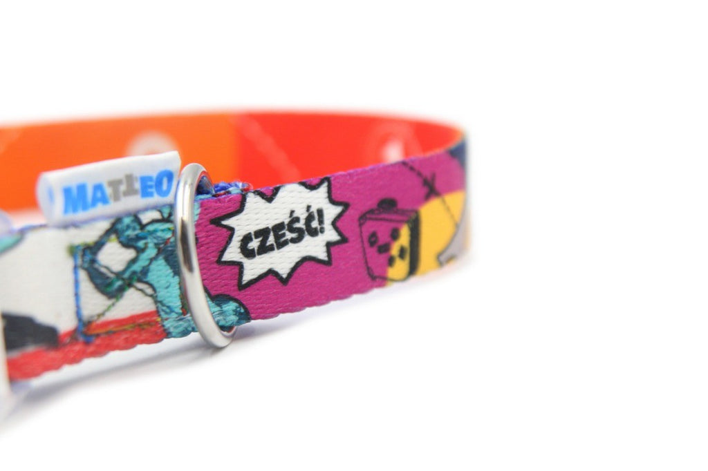 close-up of a waterproof led dog collar showing the durable stitching and stainless steel d-ring in a practical setting