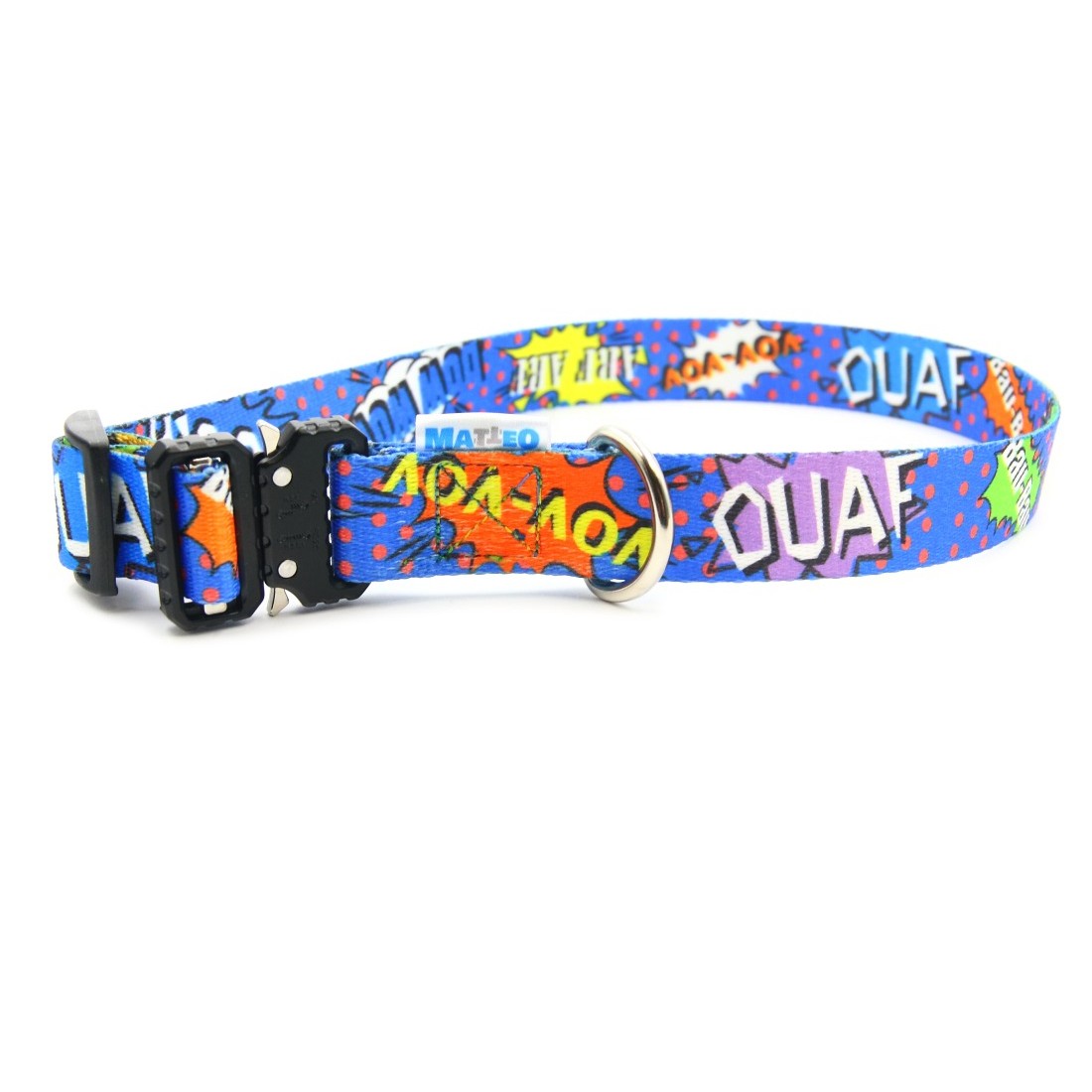 soft blue graffiti dog collar with a secure metal buckle on a cozy bed