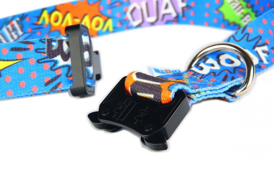 close-up of the durable blue graffiti dog collar showing the sturdy metal buckle and strong stitching