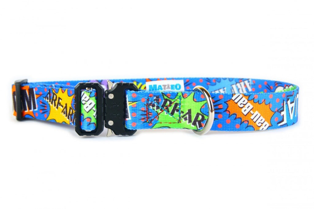 functional blue graffiti dog collar with a durable metal buckle and nickel-plated fittings