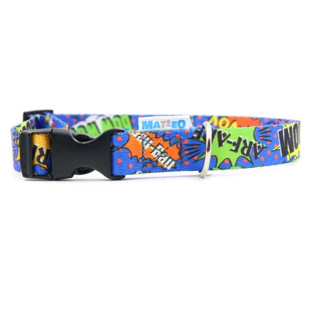 close-up of the durable blue graffiti dog collar showing its functional plastic buckle and strong stitching