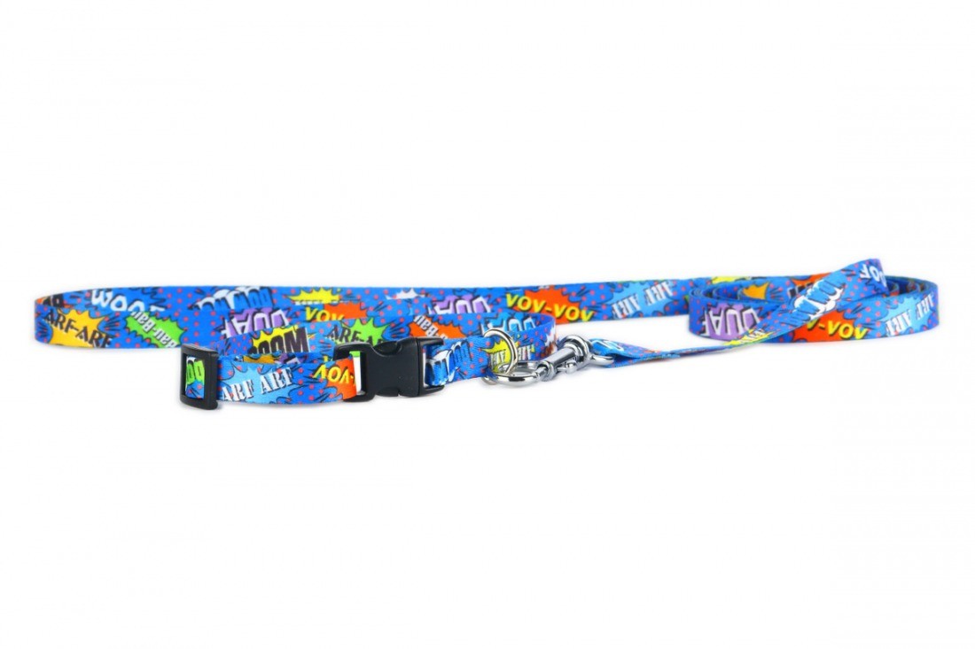 elegant blue graffiti dog collar with glossy nickel-plated hardware on a dark background