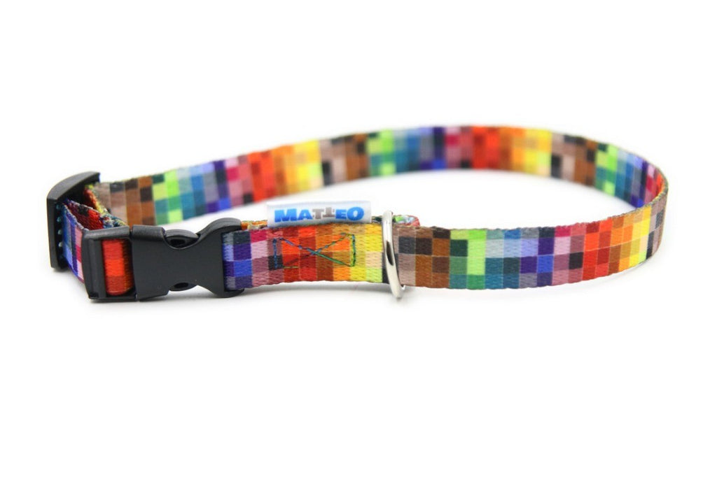 a soft, close-up view of the durable pixels dog collar with its smooth plastic buckle and comfortable woven tape