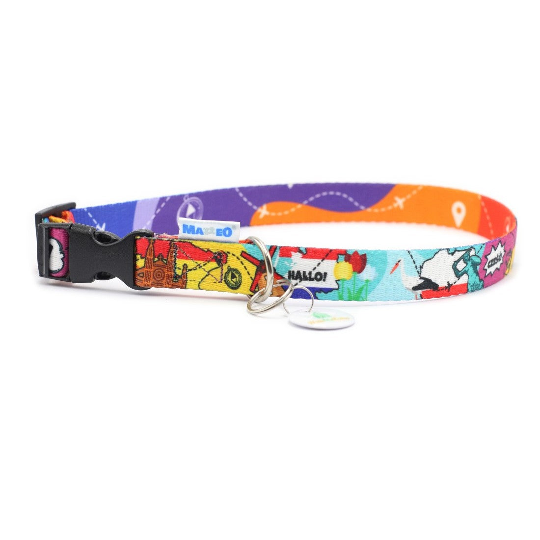 close-up of a durable travel dog collar with a plastic buckle showing the eiffel tower and airplane pattern