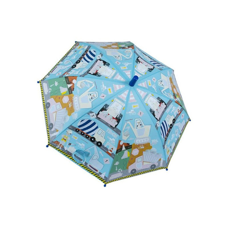 a bold close-up of the magical umbrella transforming from black and white to vibrant color in the rain