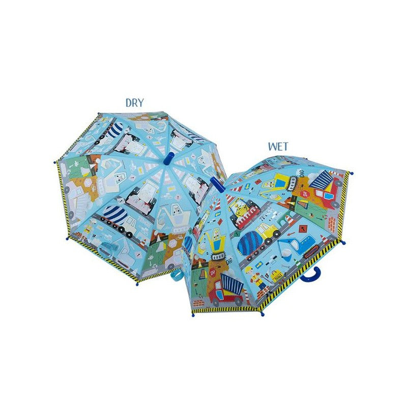 a child's umbrella with a soft grey construction scene, waiting for rain to reveal its hidden colors.