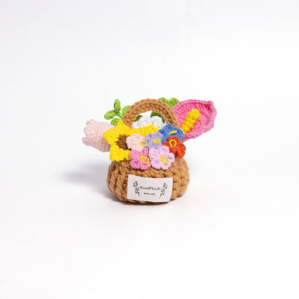 Handmade Miniature Flower Basket with Crocheted Blooms