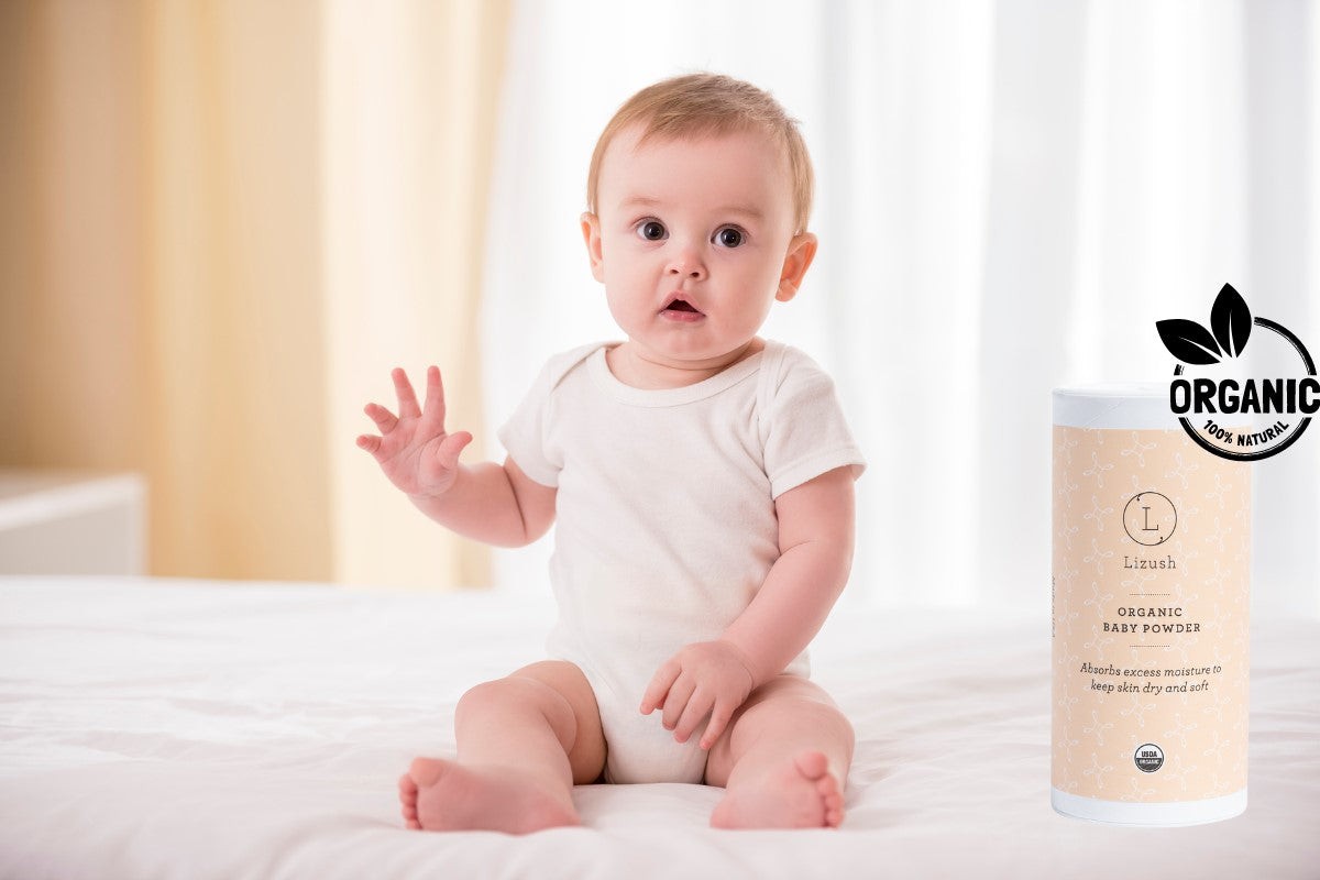 gentle organic baby powder with soft morning light on its talc-free container