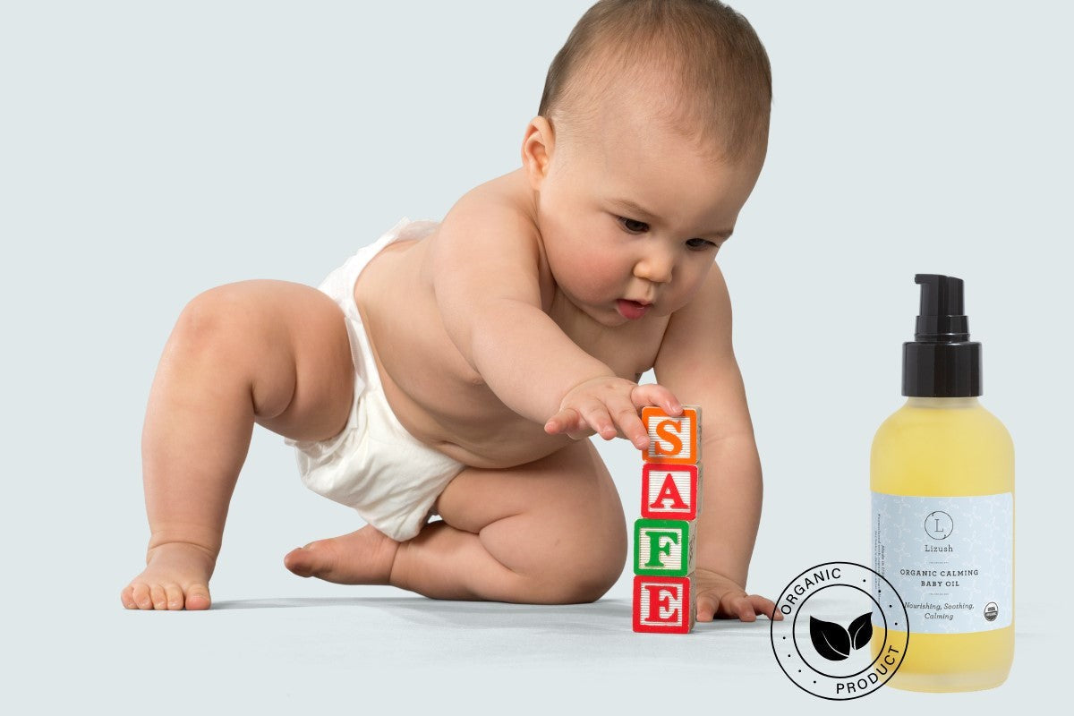 gentle organic baby oil with lavender and chamomile for a soothing bedtime massage