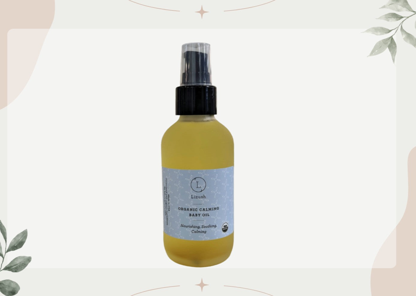 playful bottle of organic baby oil with lavender and chamomile for a fun bedtime massage