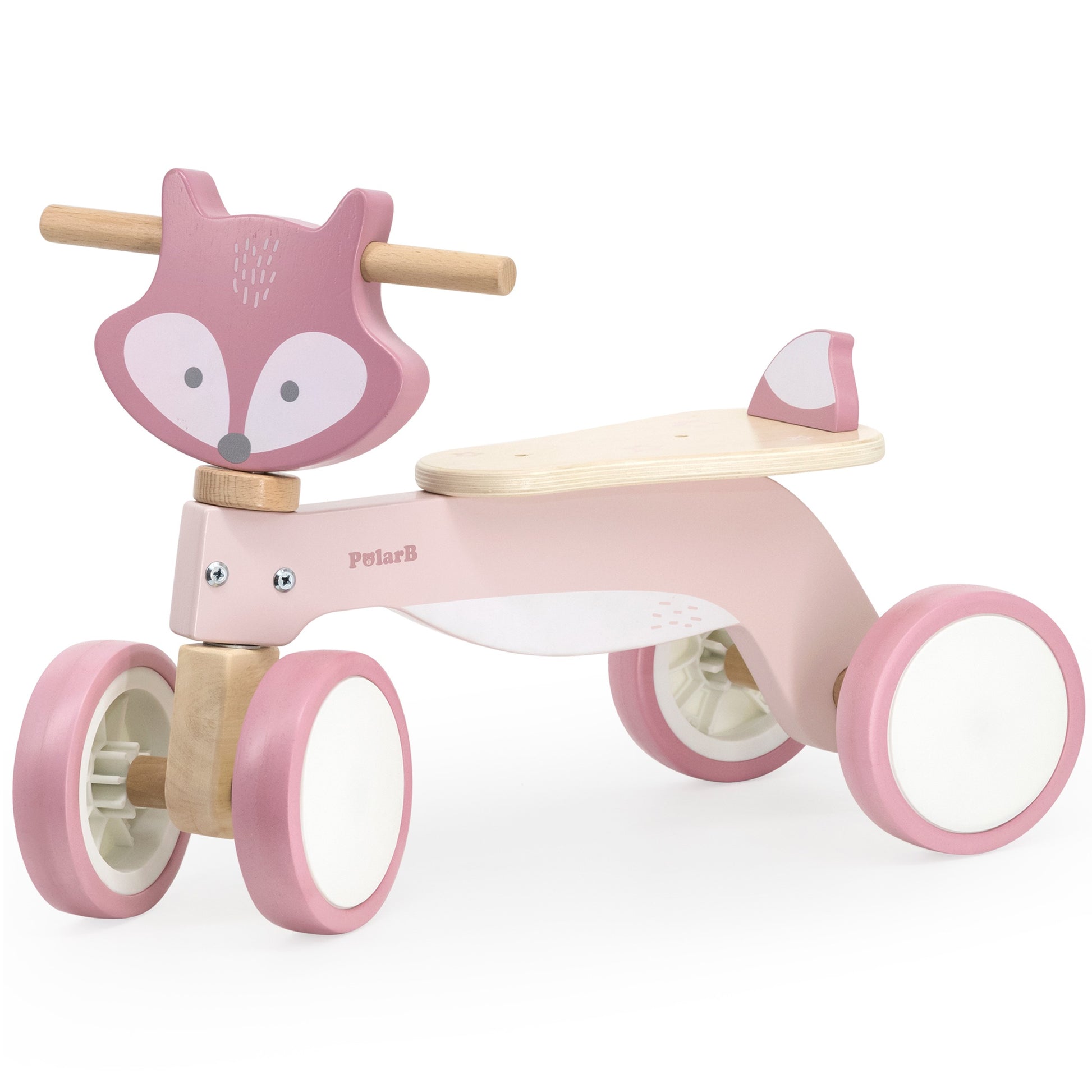 bold pastel fox wooden ride-on for toddlers with sturdy eva wheels and steering lock