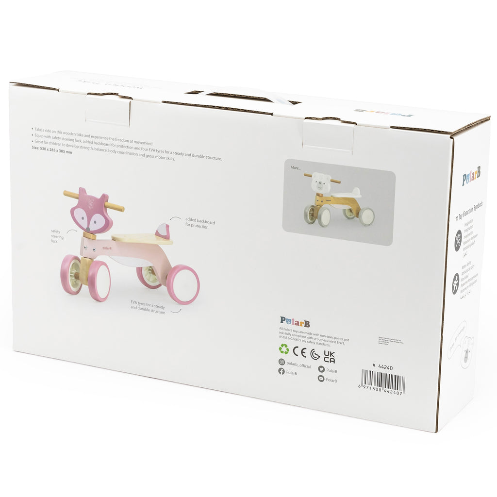 adorable pastel fox wooden ride-on for toddlers with soft eva wheels and steering lock