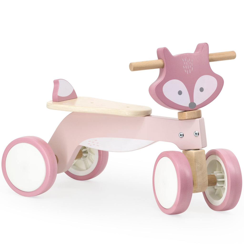 adorable pastel fox wooden ride-on for toddlers with smooth eva wheels, playful angle on sunny playroom floor