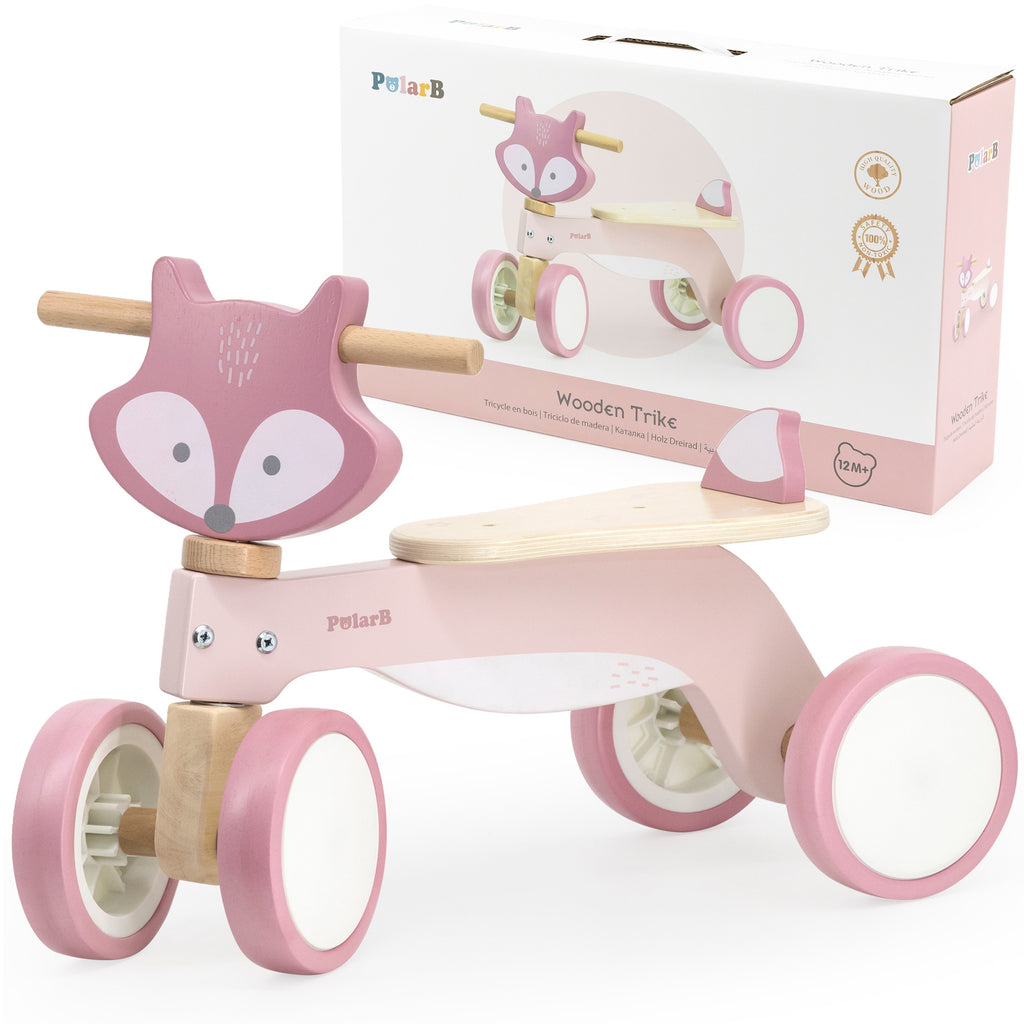 elegant pastel fox wooden ride-on for toddlers with smooth eva wheels and steering lock