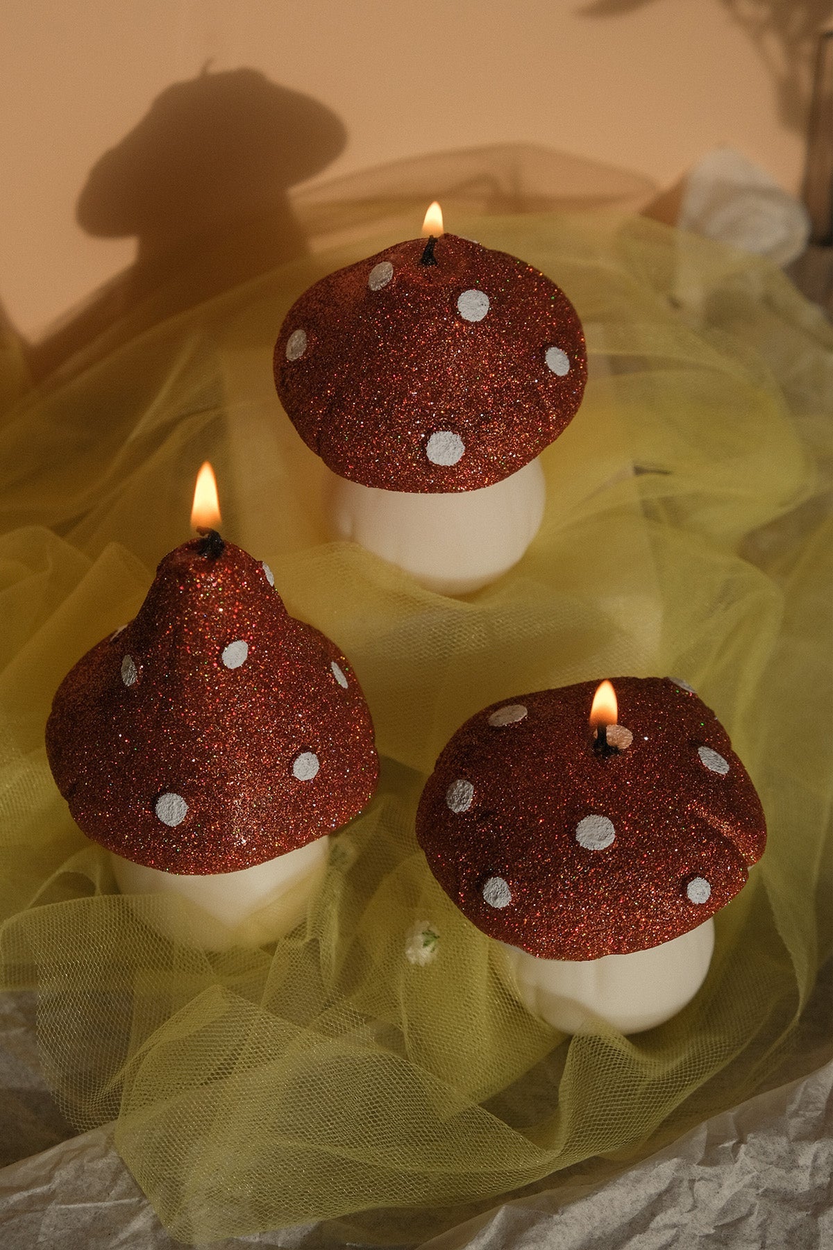 Glittery Mushroom Shaped Candles in Pastel Colours