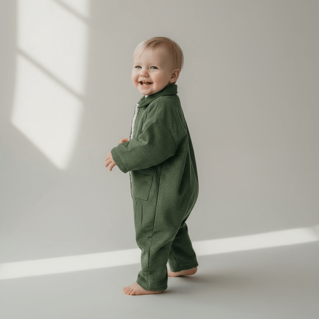 Corduroy Lined Winter Romper in Beige and Green