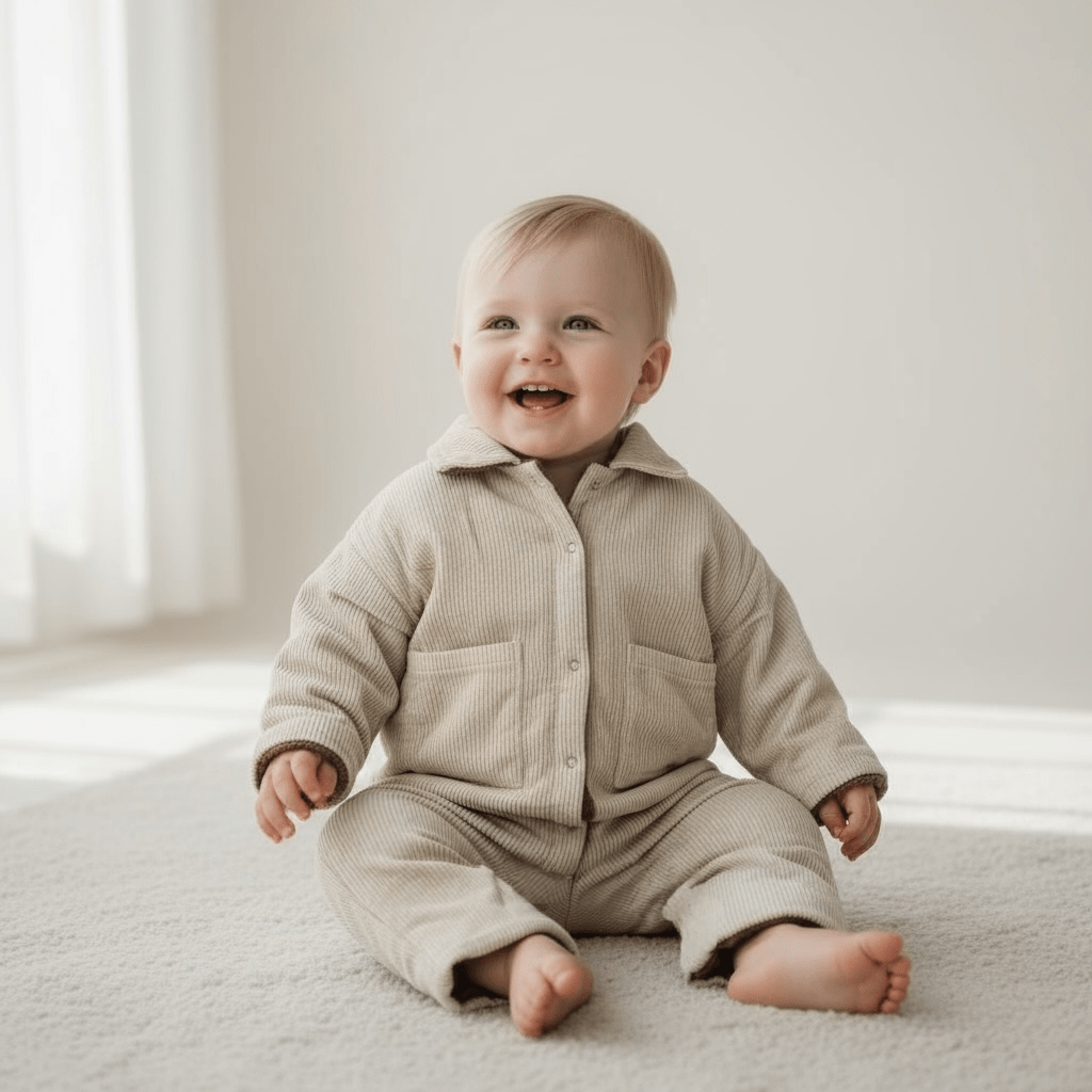Corduroy Lined Winter Romper in Beige and Green