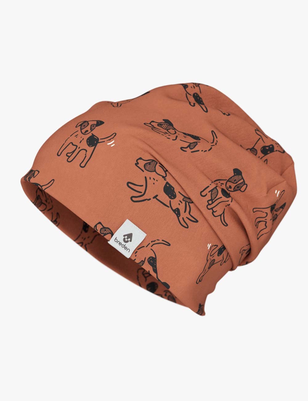 a child's elegant copper dogs cotton beanie shown in soft, refined lighting