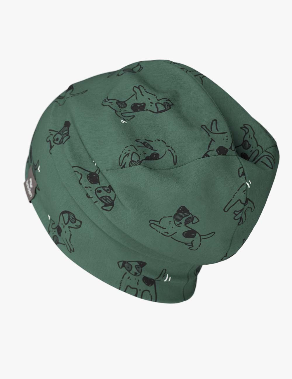 bold green cotton beanie with playful dog print for stylish kids