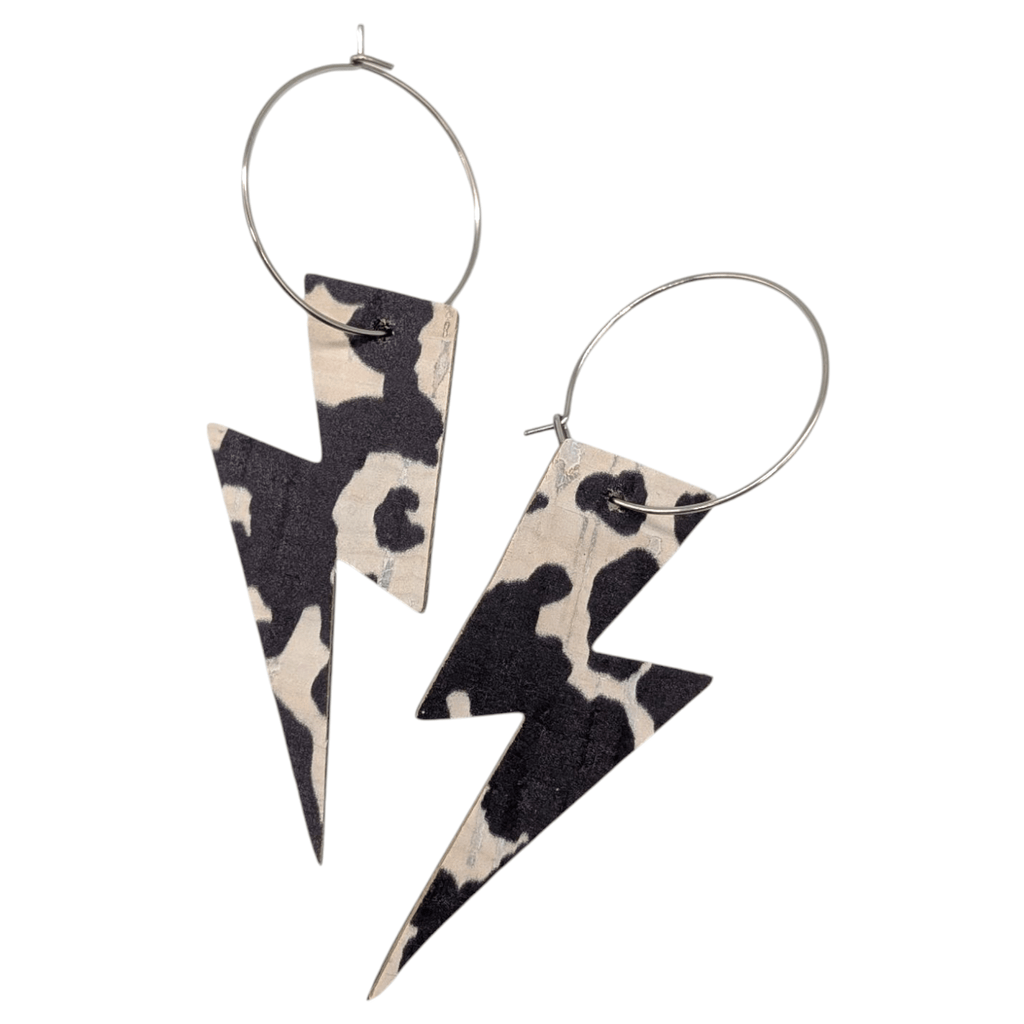 Cow Print Lightning Bolt Cork Hoop Earrings