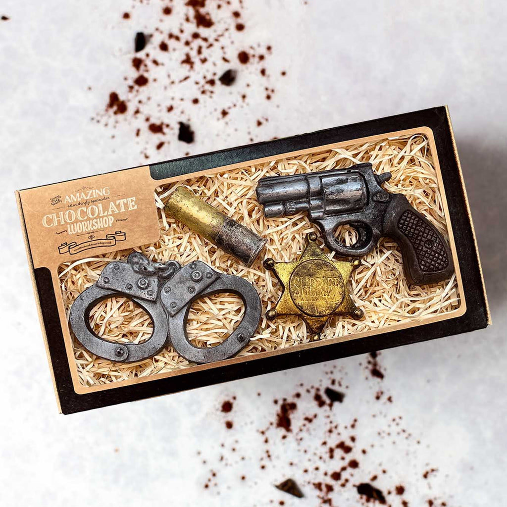 Cowboy Set Gun Handcuff Shotgun Cartridge and Sheriffs Badge Chocolate Gift Box