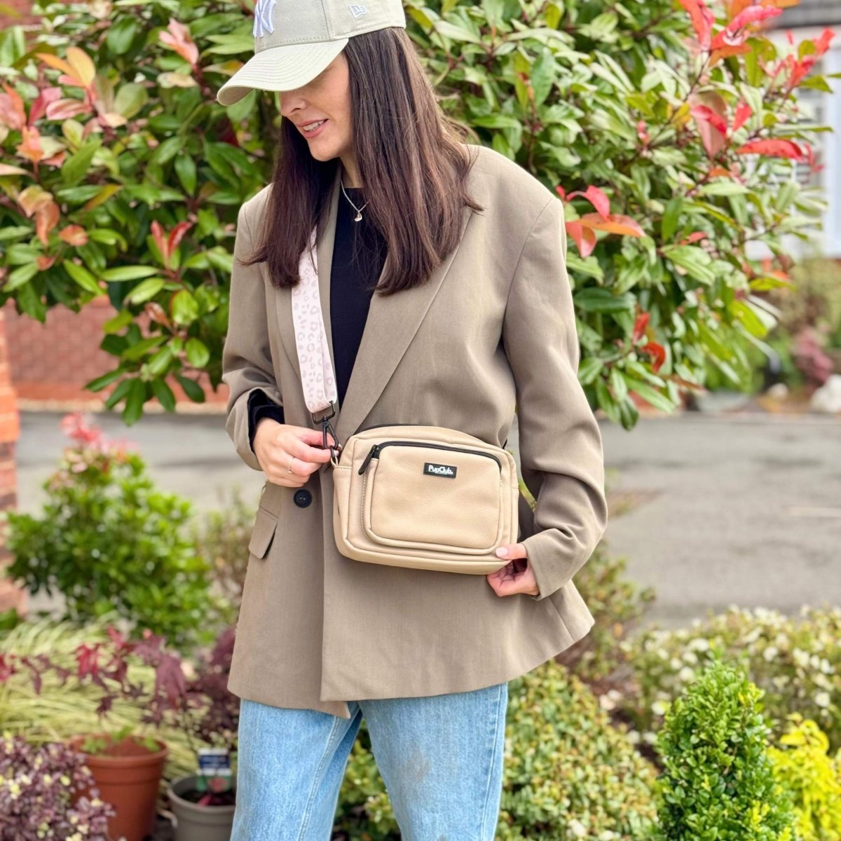 Crossbody Dog Walking Bag in Tan Vegan Leather