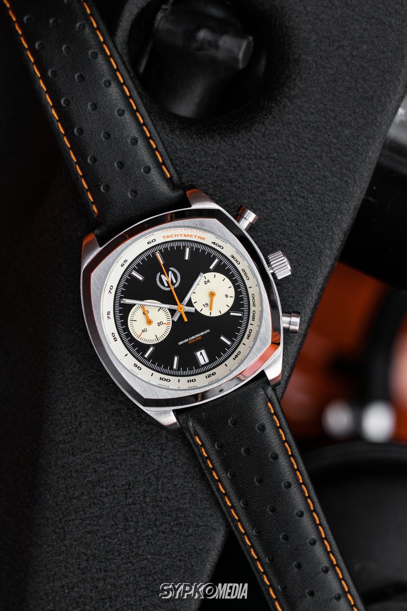 Black and Orange Leather Rally Watch Strap 22mm