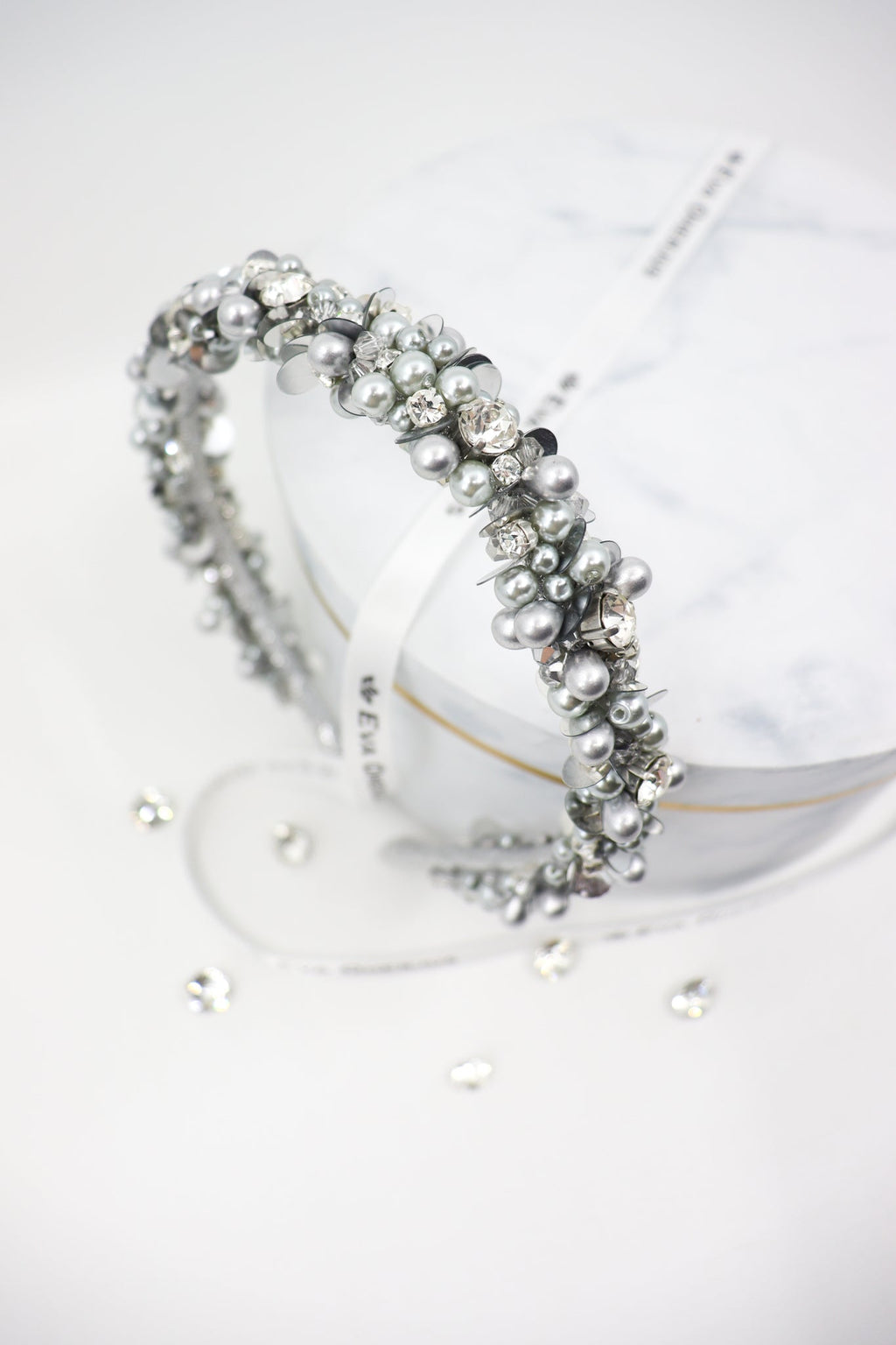 Selena Crystal & Pearl Thin Silver Headband – Luxurious Handmade Accessory by Eva Oherjus at www.brixbailey.com