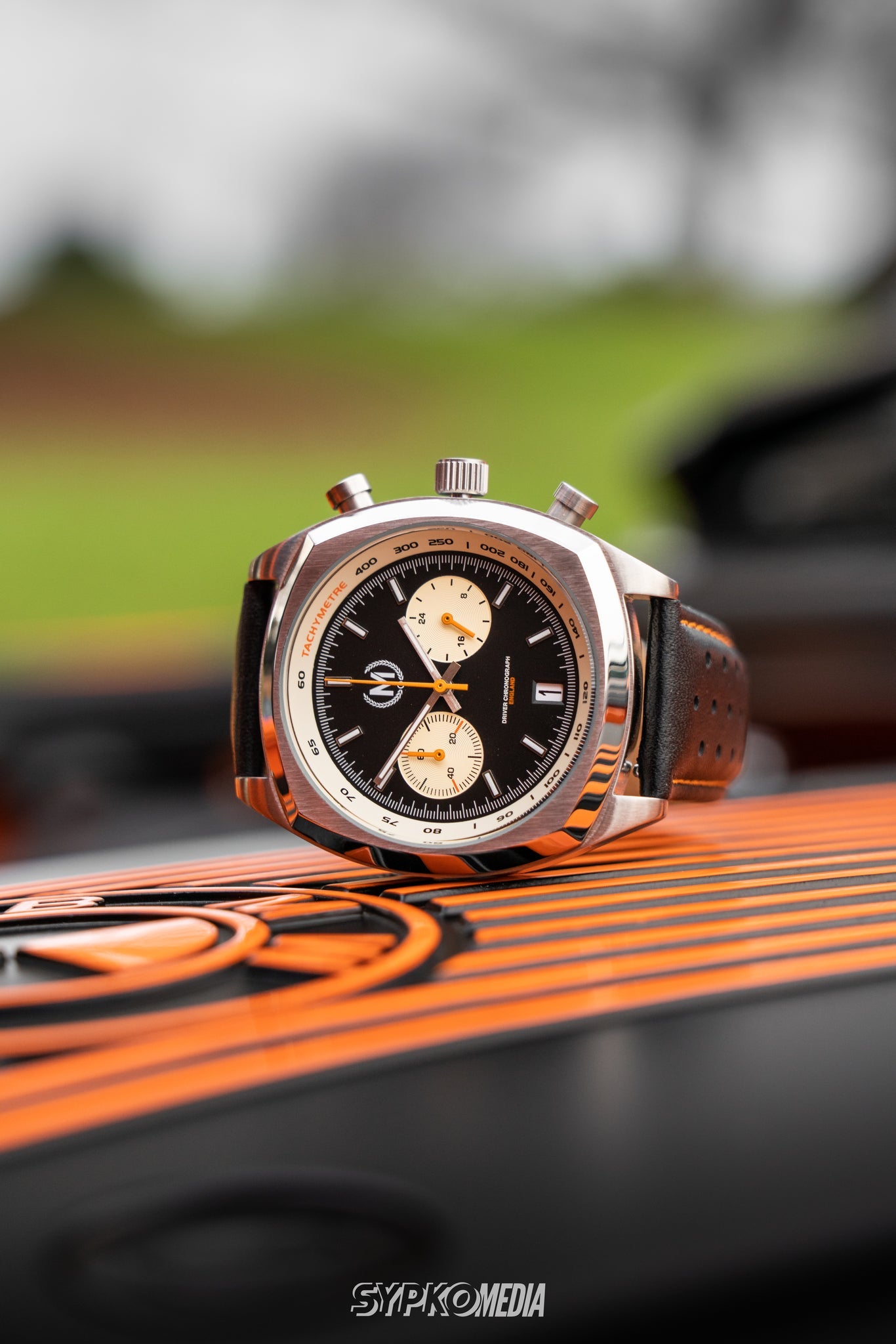 Black and Orange Leather Rally Watch Strap 22mm