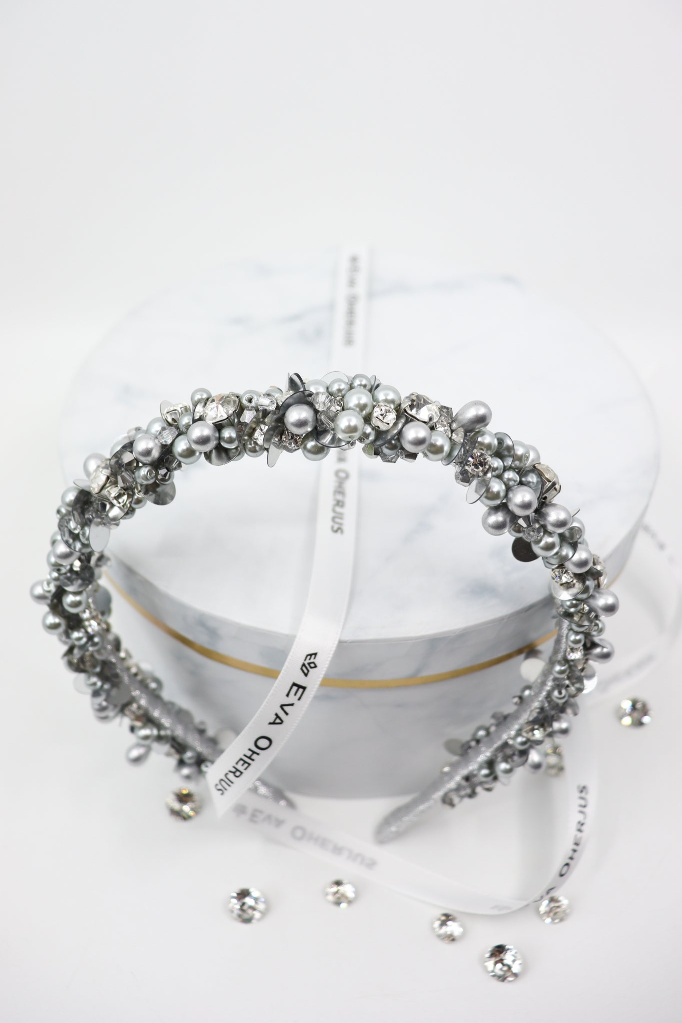Selena Thin Silver Headband – Swarovski Crystals & Pearls by Eva Oherjus at www.brixbailey.com