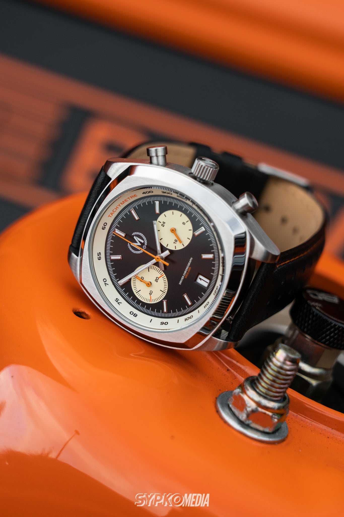 Black and Orange Leather Rally Watch Strap 22mm