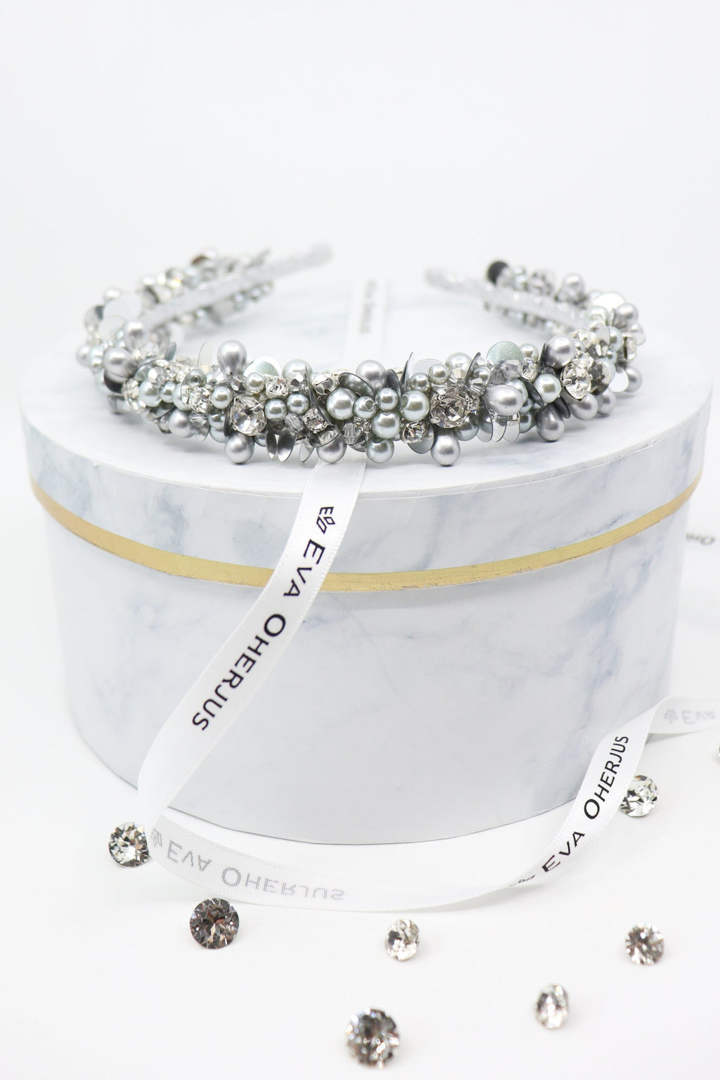 Selena Swarovski Crystal & Pearl Headband – Luxury Thin Silver by Eva Oherjus at www.brixbailey.com