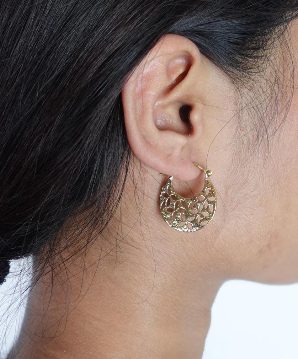 Cutout Mini Hoop Earrings with Floral Pattern