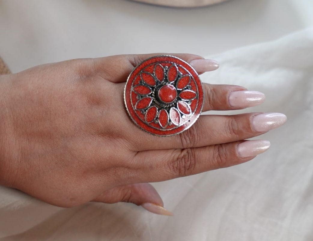 Boho Mandala Statement Ring in Turquoise, Coral and Lapis