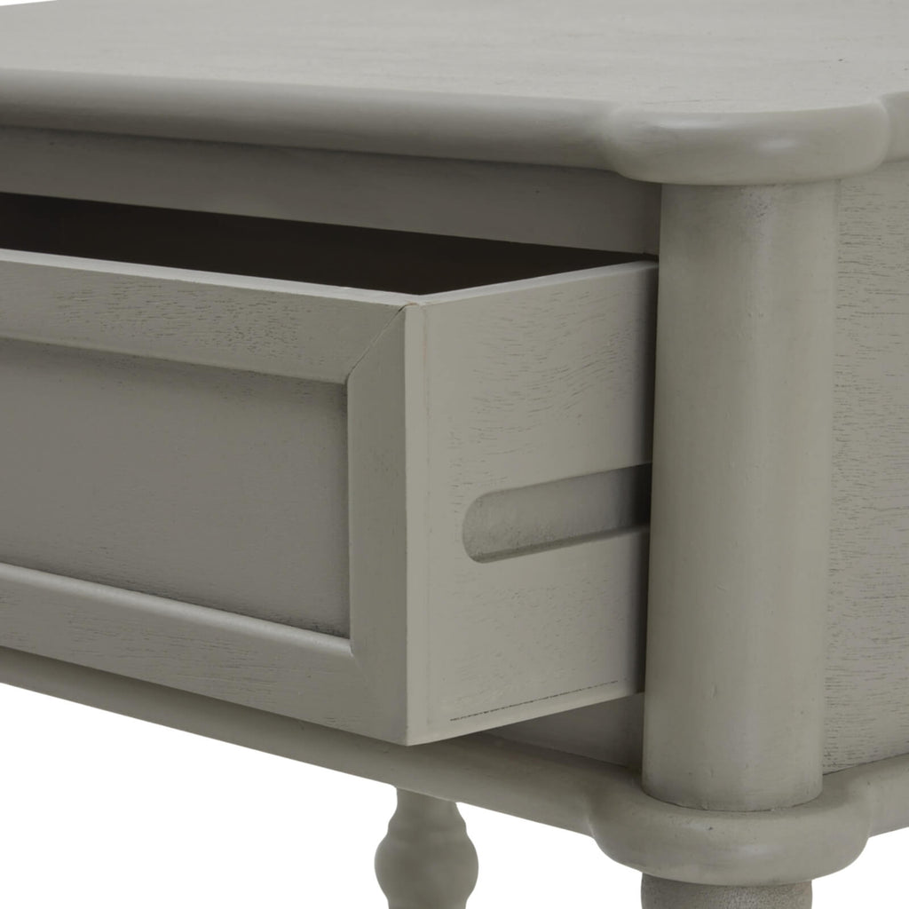 Minimalist grey Camden side table with sleek drawer, solid wood construction, perfect for modern or classic decor. by sostter at brixbailey.com