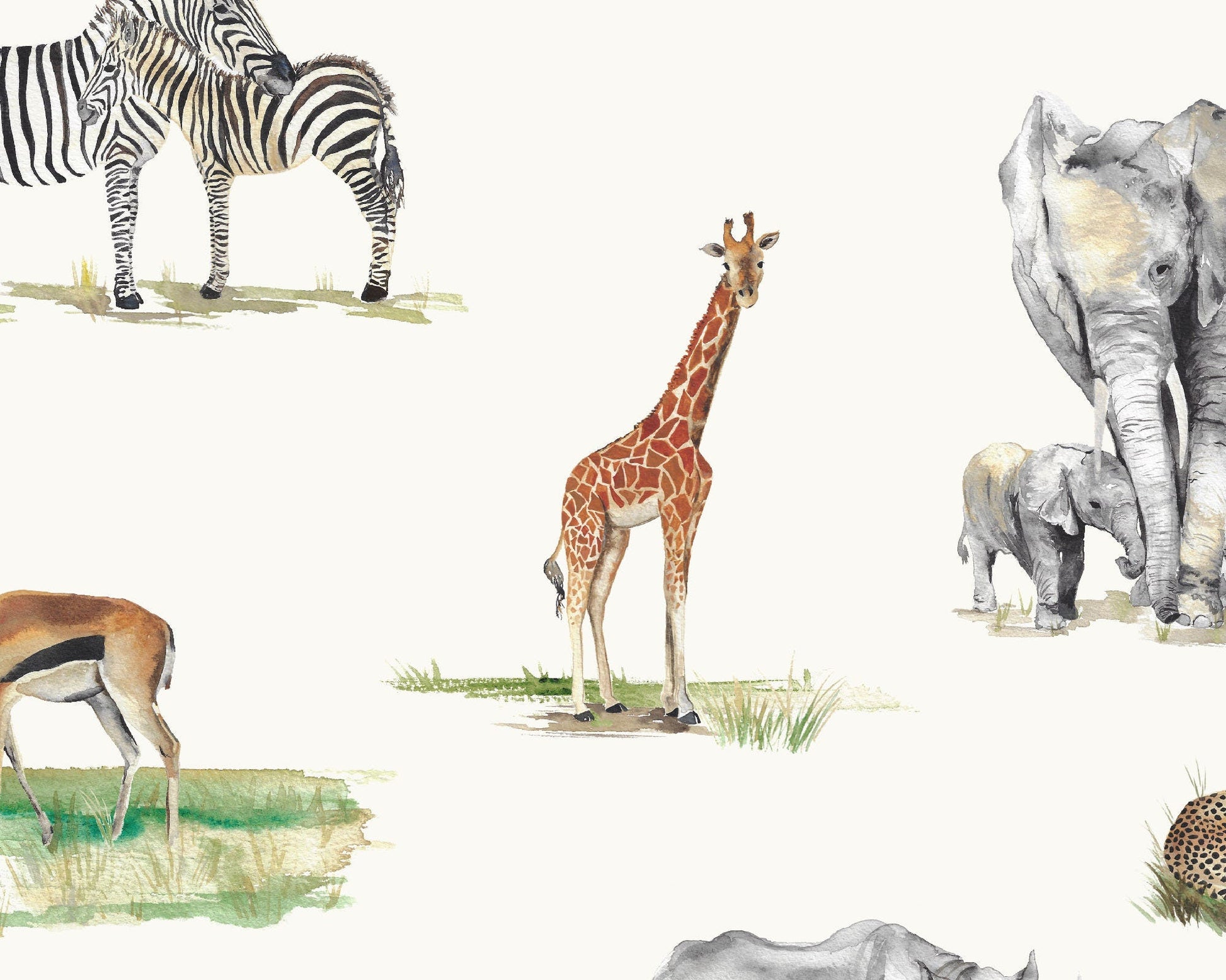Safari Animals Hand Designed Children's Wallpaper in Blue, Cream and Grey