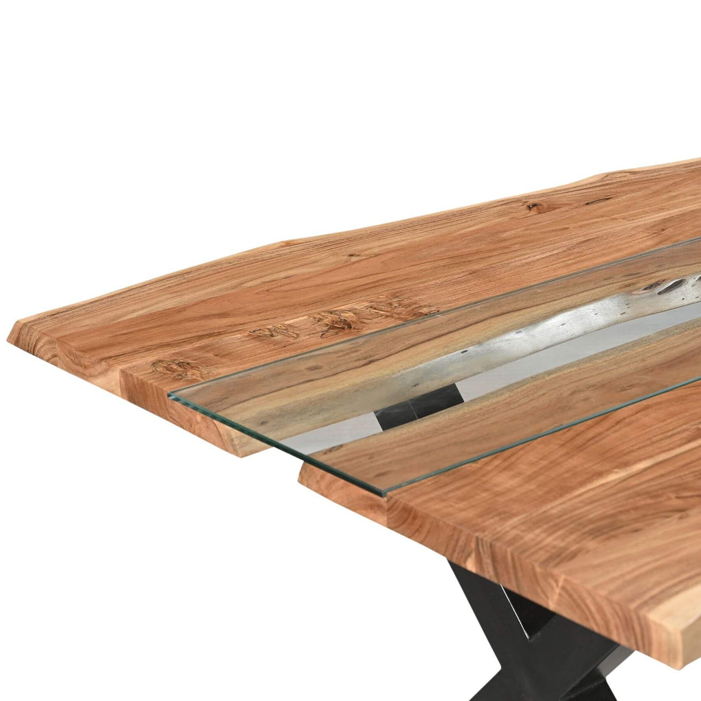 Live edge river dining table with acacia wood, glass center, and black steel legs â€“ modern rustic design for 6-8 people. by RoomLondon at brixbailey.com