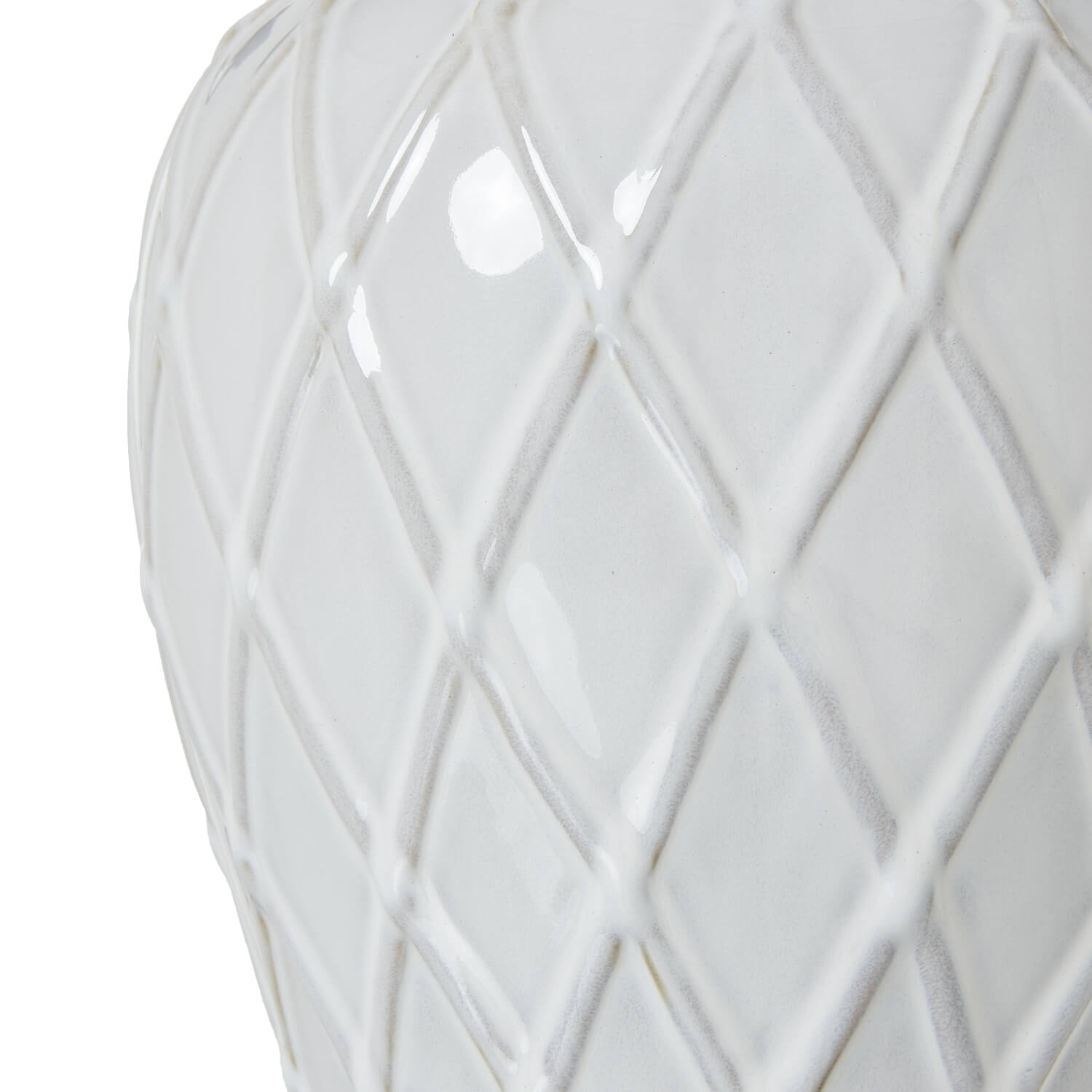 White ceramic ginger jar lamp with diamond pattern and linen shade, elegant home decor lighting by Sostter at brixbailey.com