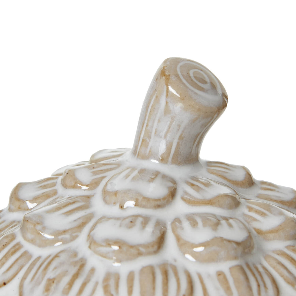 White ceramic pine cone trinket dish with removable lid, artisan-crafted for jewelry or decor by RoomLondon at brixbailey.com