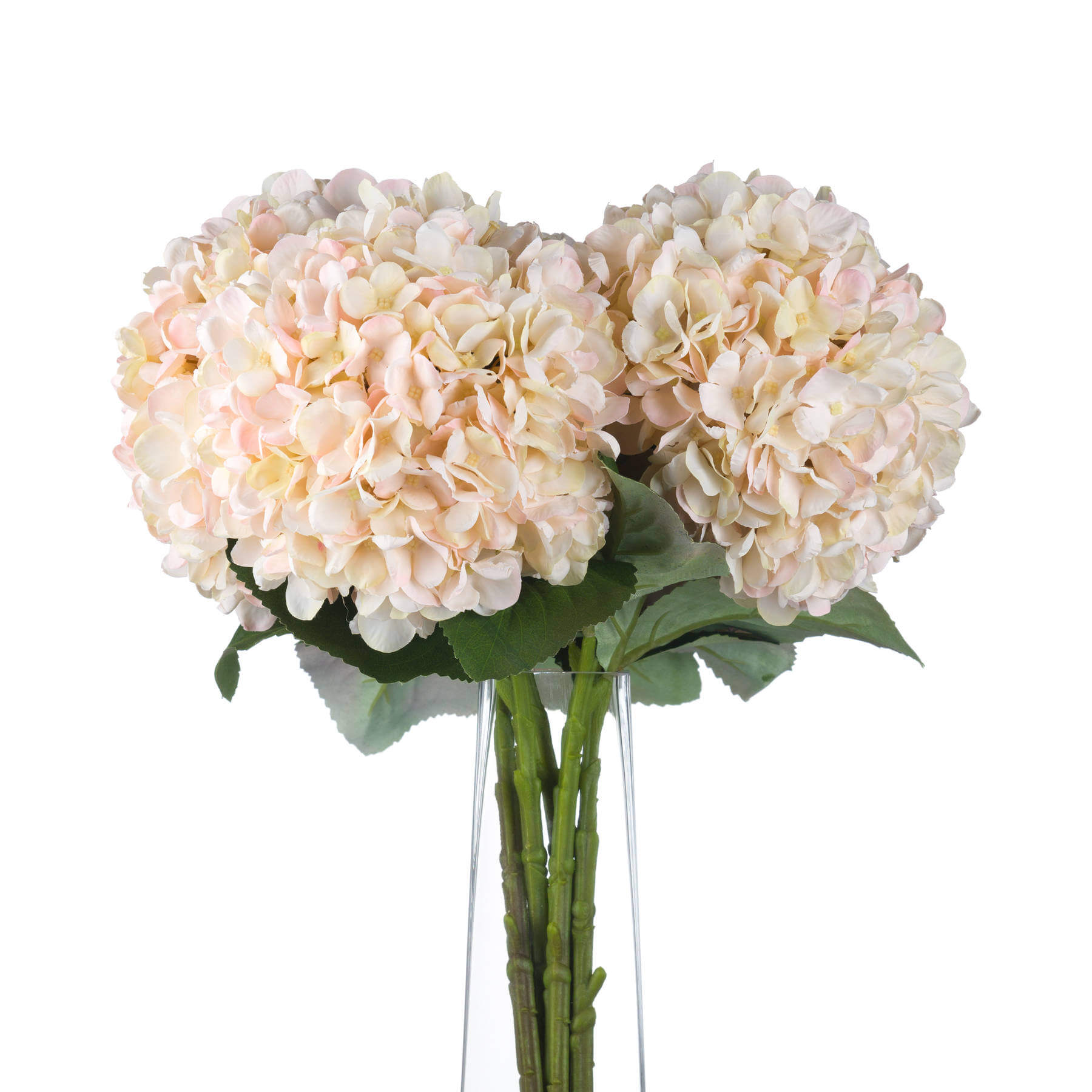 Hand-painted cream hydrangea stem with blush tones, realistic plastic floral decor for centerpieces and weddings. by Sostter at brixbailey.com