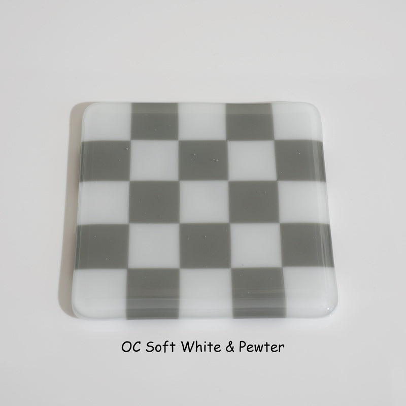 10cm Chequered Soft White Fused Glass Coaster