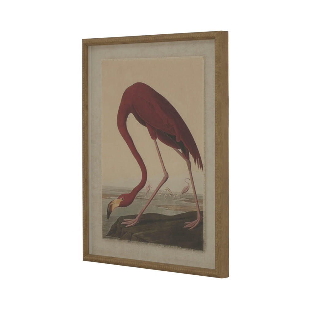 Graceful flamingo watercolor art on linen with beaded frame, neutral tones for modern decor by RoomLondon at brixbailey.com
