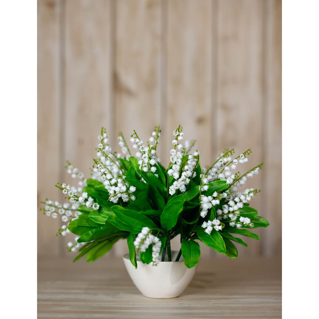 Lifelike white Lily of the Valley artificial flowers with green foliage in a 32cm arrangement for home decor by sostter at brixbailey.com